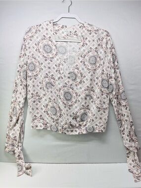 GG Collection Cream Printed Wrap Blouse with Rose Accents